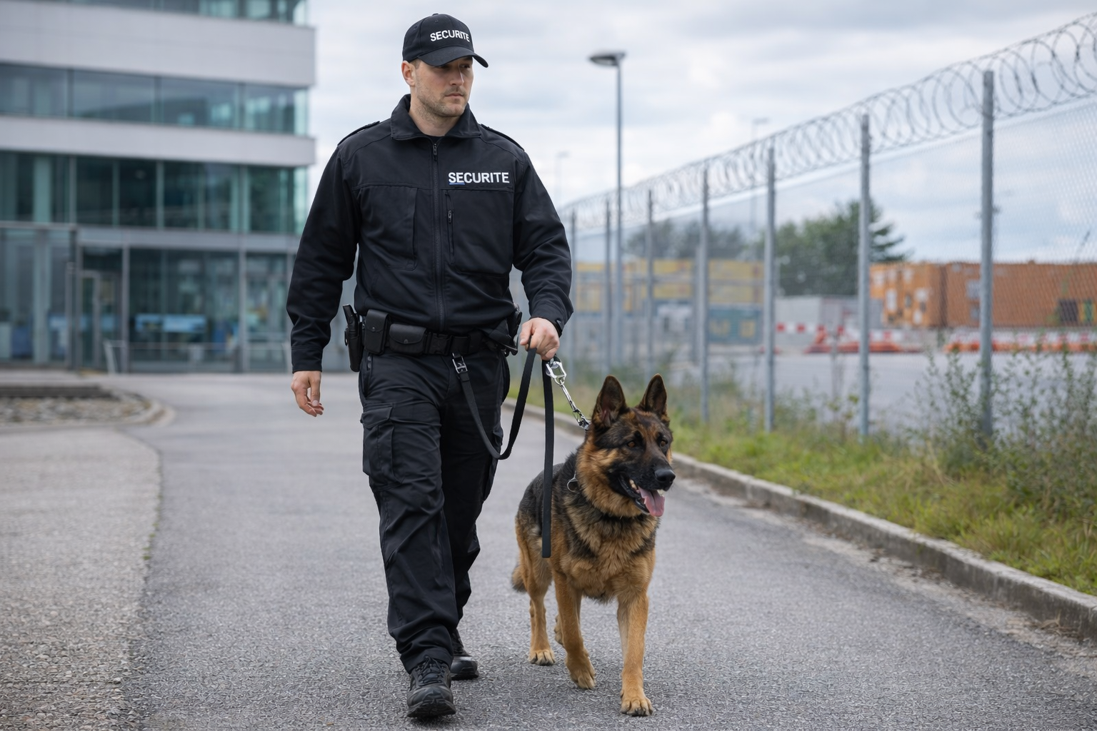 Unité cynophile : agent de sécurité avec chien en ronde de surveillance sur un site professionnel