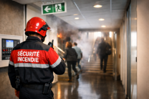 Agent de sécurité incendie supervisant une évacuation lors d’un départ de fumée dans un bâtiment professionnel
